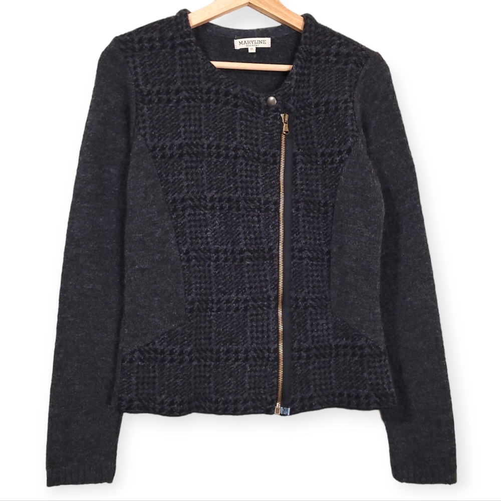 Maryline Wool Blend Houndstooth Herringbone Zip Cardigan Sweater
